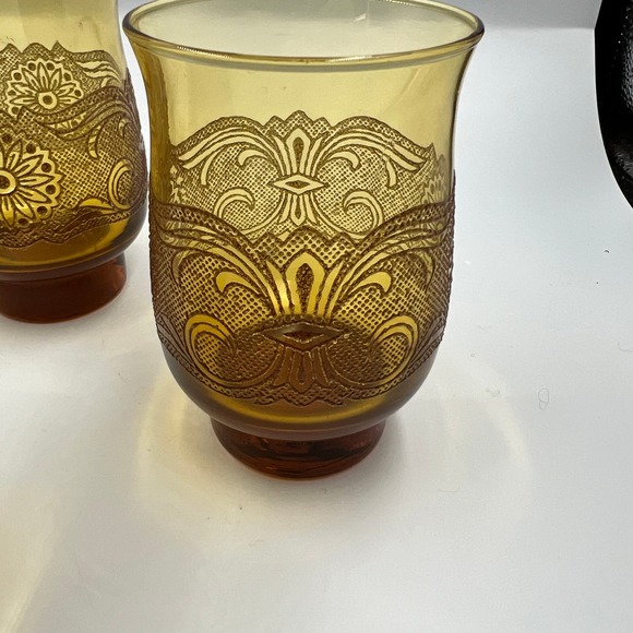 Vintage Amber Libbey Americana Lace Embossed Glass Etched Tumblers 7 Pieces MCM - Picture 6 of 10